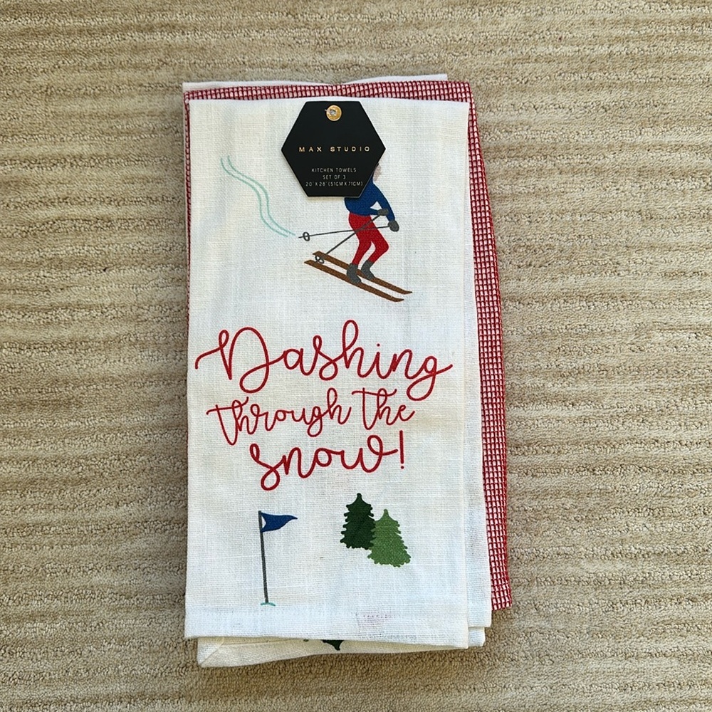 Set of 3 Max Studio Dashing Through the Snow Skier holiday themed kitchen towels - Picture 2 of 16